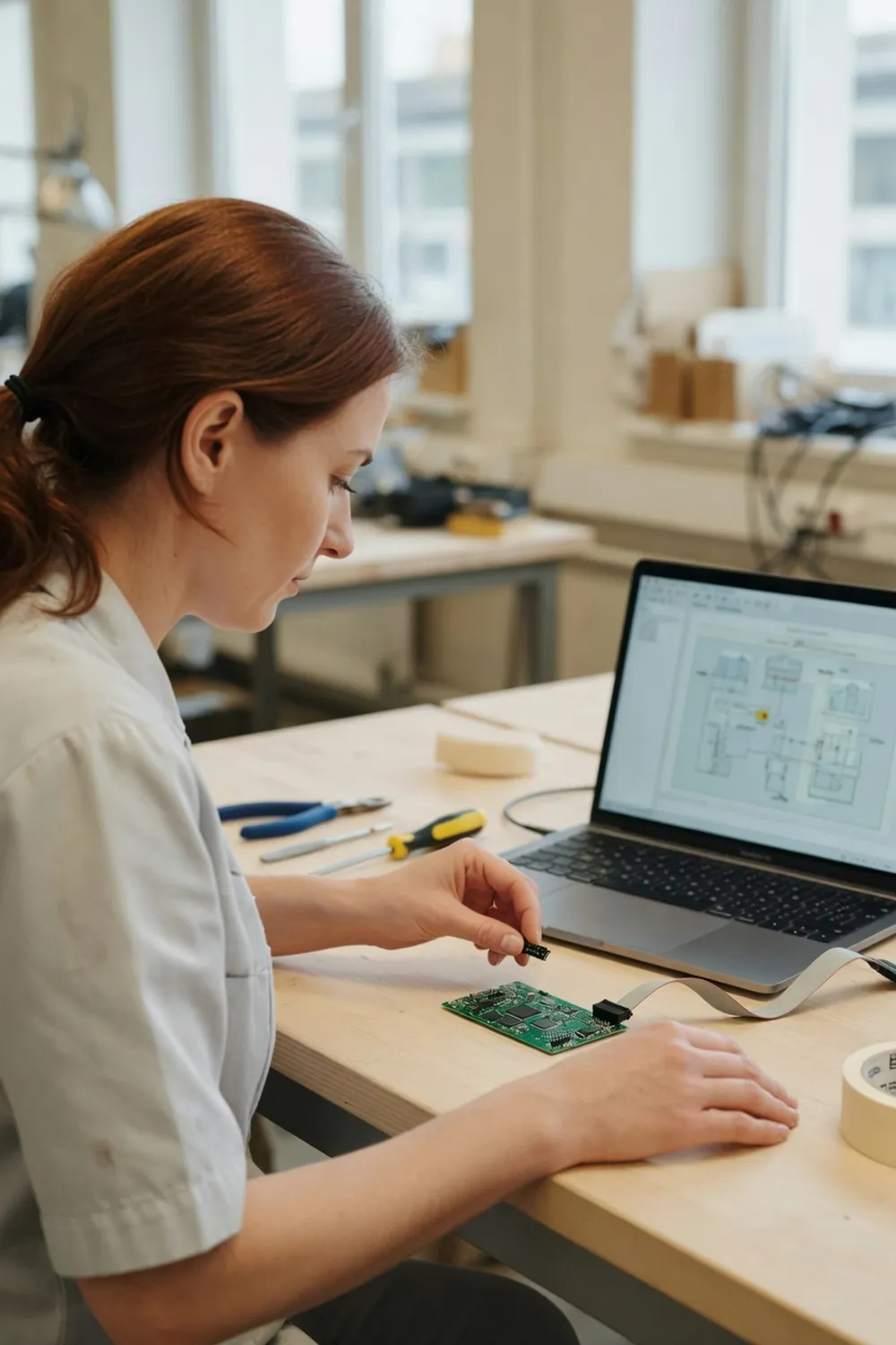En ingeniør ved arbejdsbænken der sætter et stik på et printkort, med en bærbar ved siden af der viser systemdiagrammet