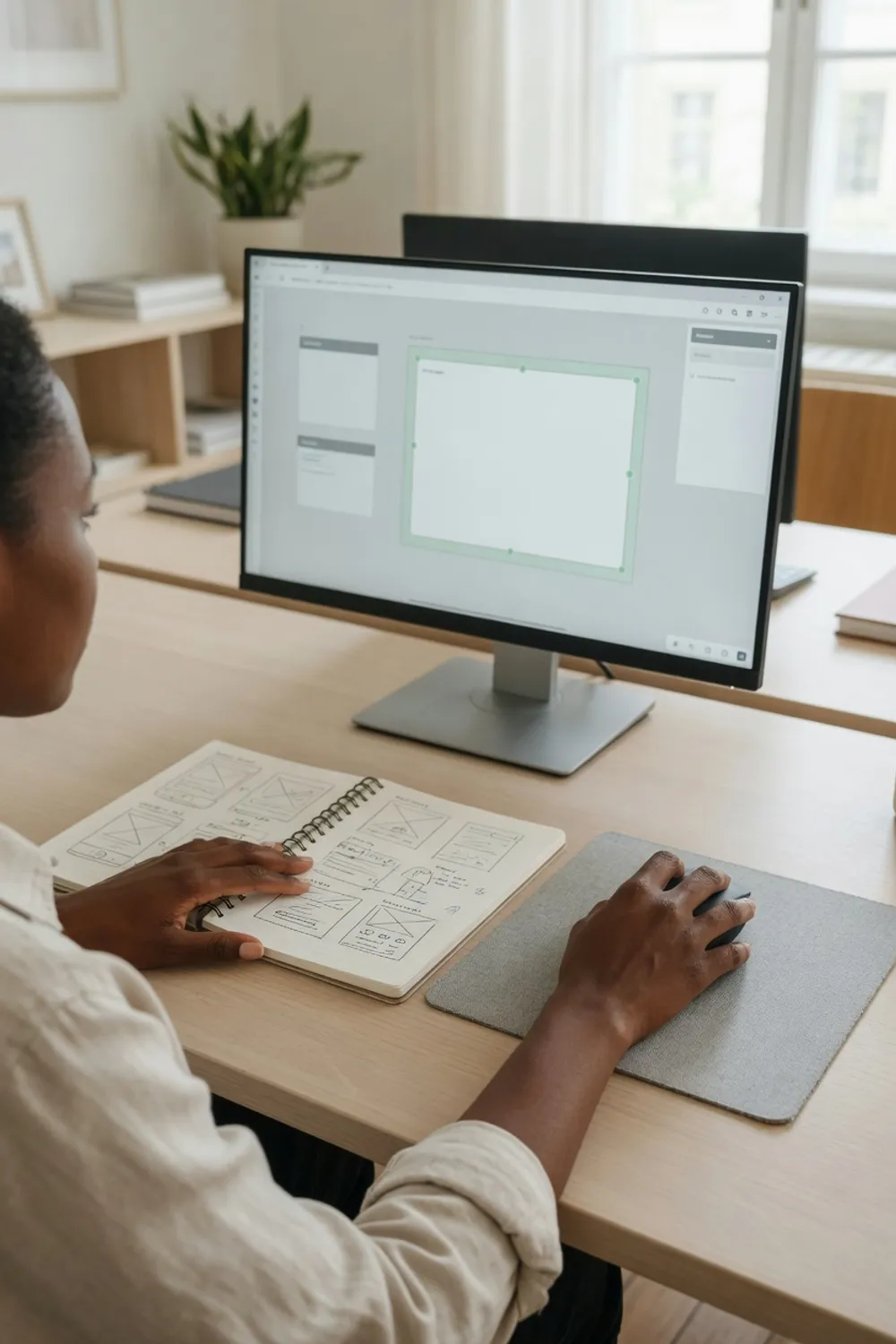 En designer i arbejde, den ene hånd på musen og en notesbog med håndtegnede wireframes opslået på bordet